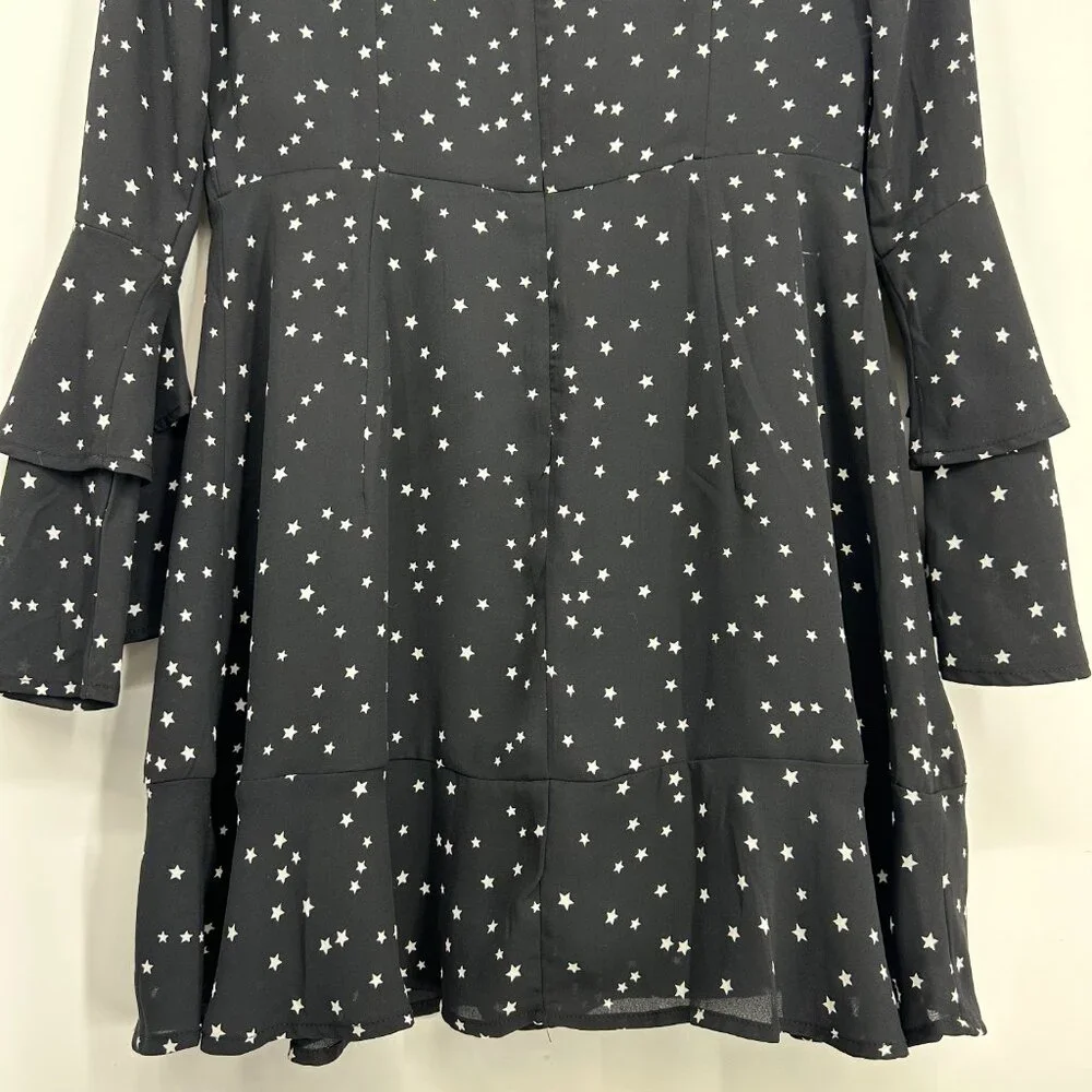 Lucky Brand Star Print Mini Dress M Long Bell Sleeves A Line Black